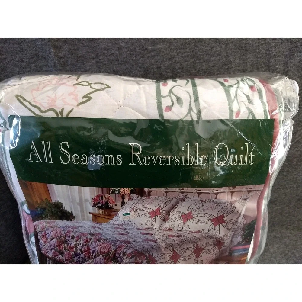 All Seasons‎ Full Size Reversible Quilt Cotton Blend Floral Bedspread Vtg NOS